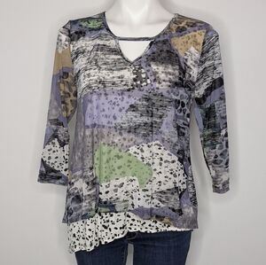 Lynn Ritchie Silver Black White Purple Abstract Mixed Print Layered Top M